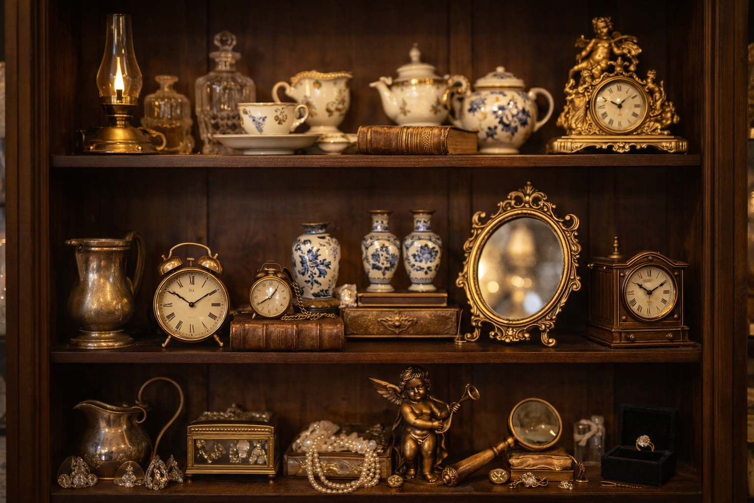 Vintage shelf with clocks, mirrors, and decor
